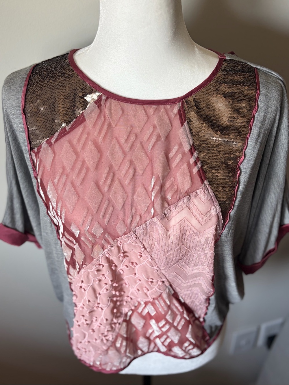 Anthropologie Velvet Patchwork Tee by Tiny -size XS (oversized) -mixed media top - Picture 15 of 16